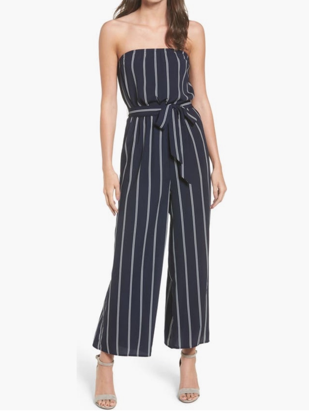 Navy Blue Striped Strapless Wide-Leg Jumpsuit